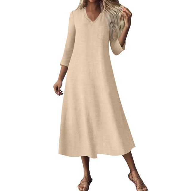 JGGSPWM Robe Maxi Décontractée en Coton pour Femmes Tendance Été Bohème Manches 3/4 Coton Lin Longue Robe Élégante Chic pour Femmes Beige G