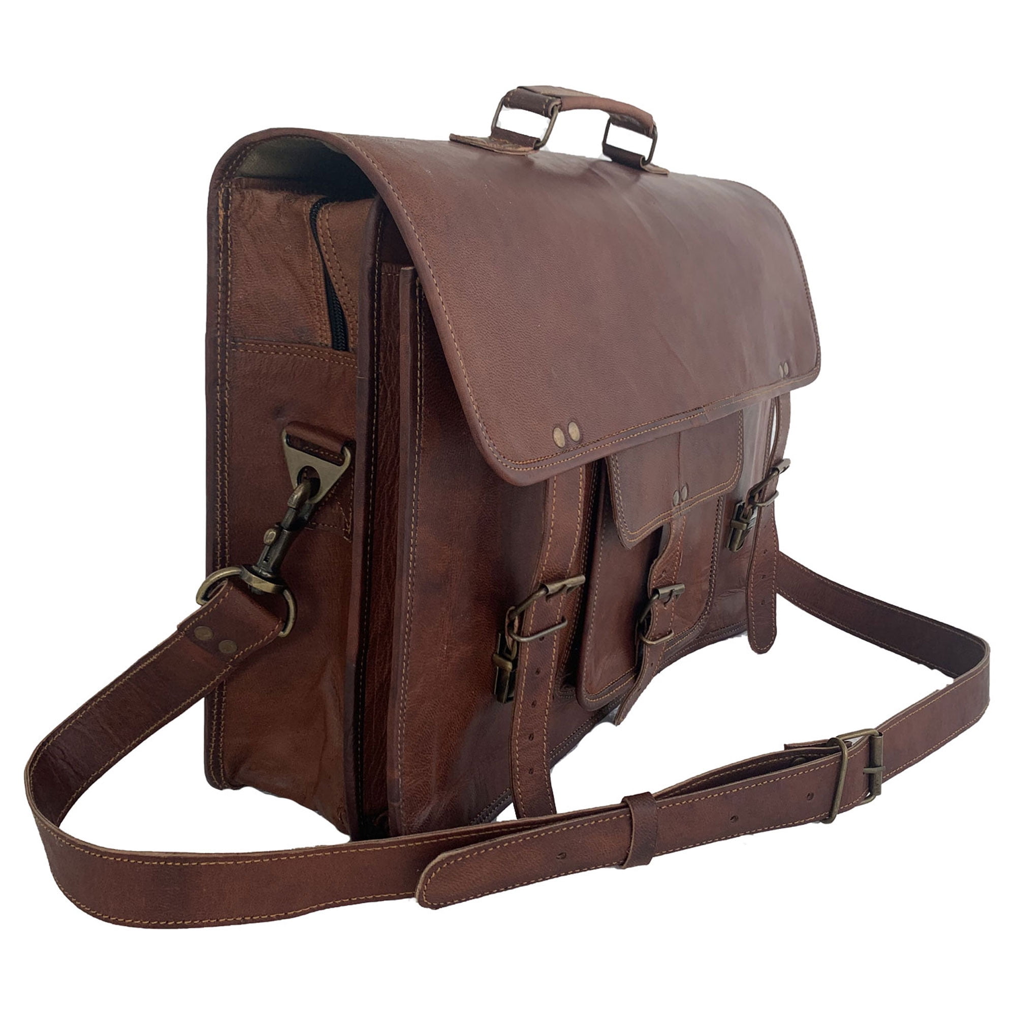 18-Inch Full Grain Leather Laptop Messenger Bag – Office Briefcase Satchel for Men and Women with Adjustable Strap and Lockable Compartments