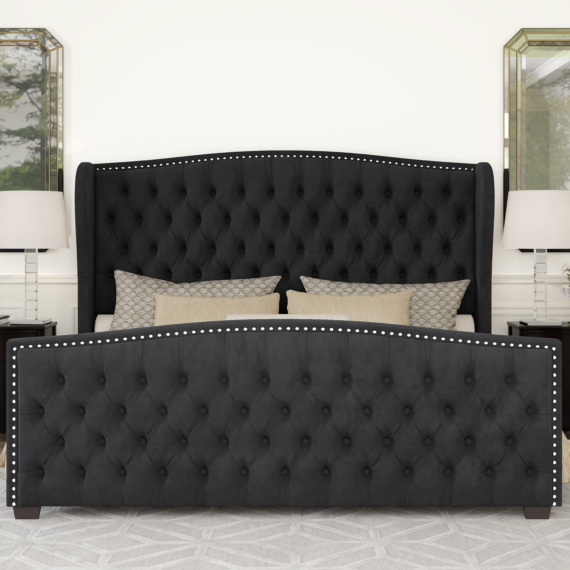 VanAcc Queen Size Bed Frame, Velvet Upholstered Bed with Deep Button Tufted Wingback Headboard, Black