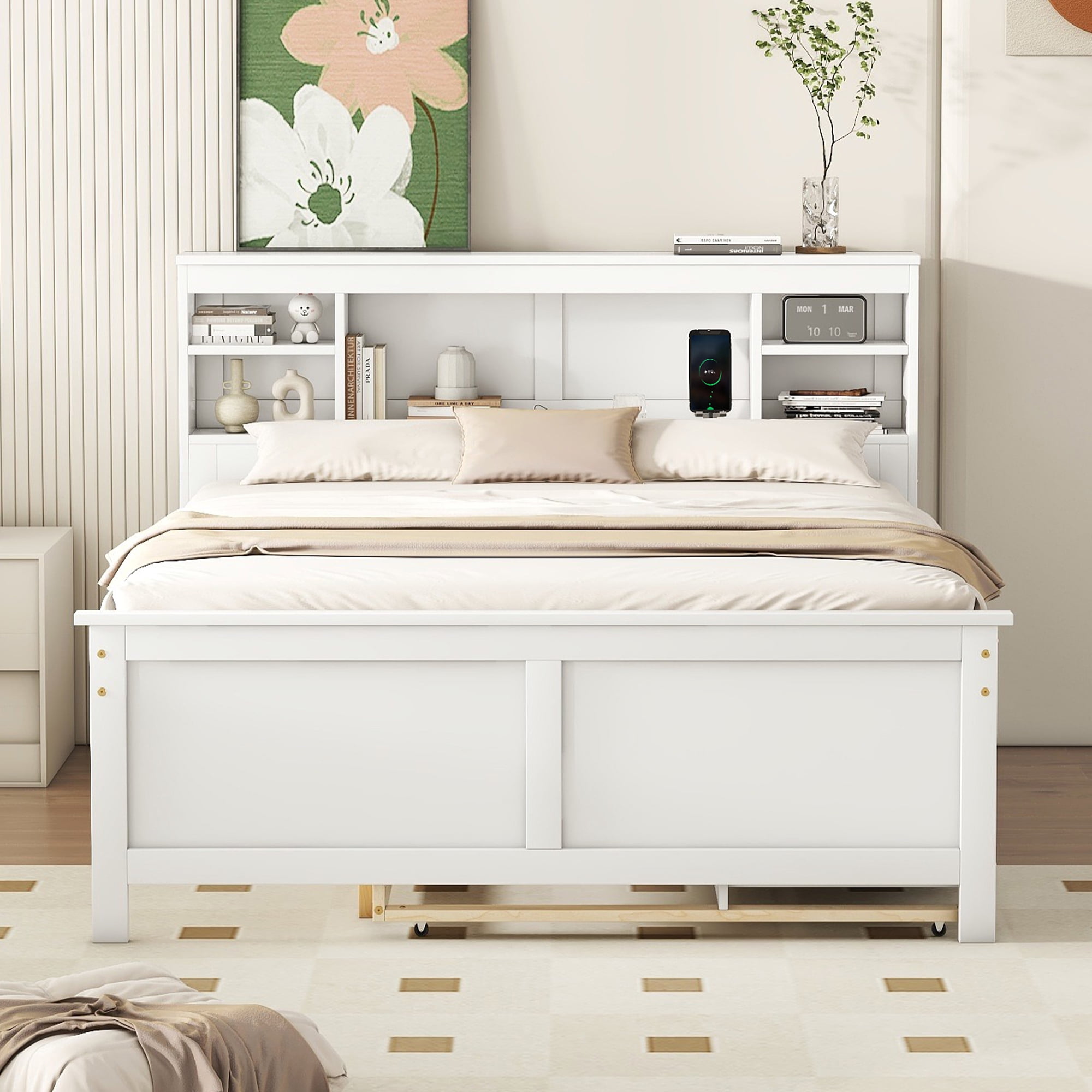 Euroco Modern Wood Full Size Platform Bed with Trundle and Drawers, USB Charging and Shelves for Kids Teens, White