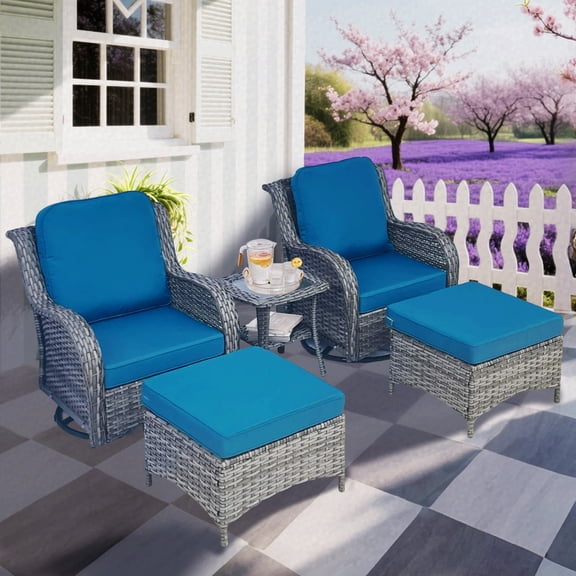 FFZ 5-Piece Outdoor Rattan Sectional Set with 2 Swivel Chairs, 2 Ottomans and Side Table, Blue Grey
