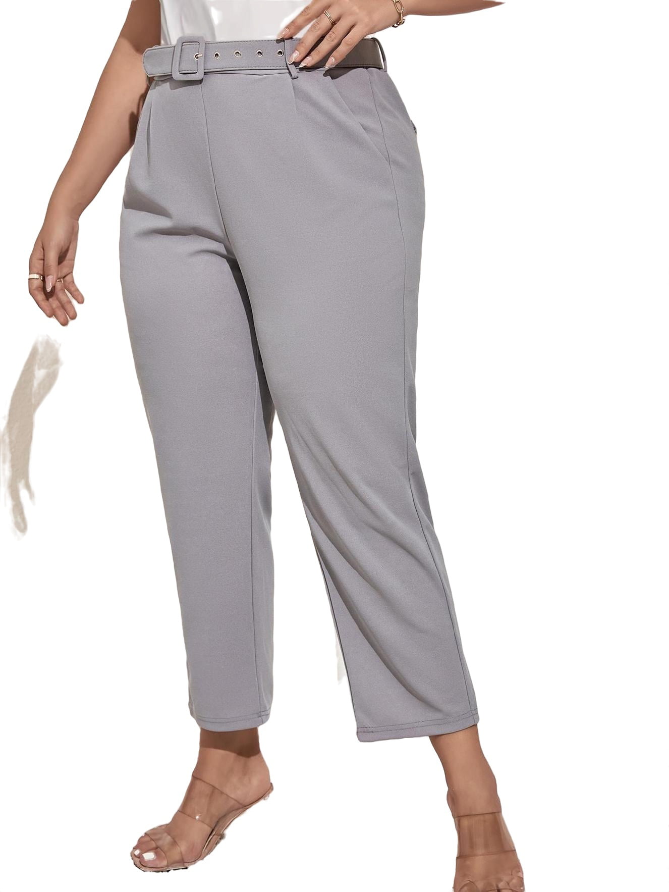 Elegant Solid Straight Leg Grey Plus Size Pants (Women's) 