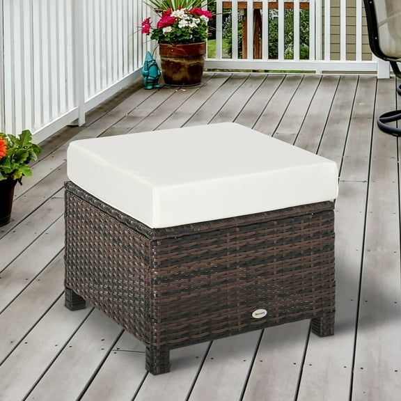Outsunny 20" Outdoor Ottoman, PE Rattan, Brown, White