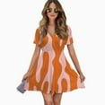 thumbnail image 2 of Abstract Orange Coral Art Print Women Dress V-Neck Short Sleeve Flowy Swing Party Midi Dress, 2 of 4