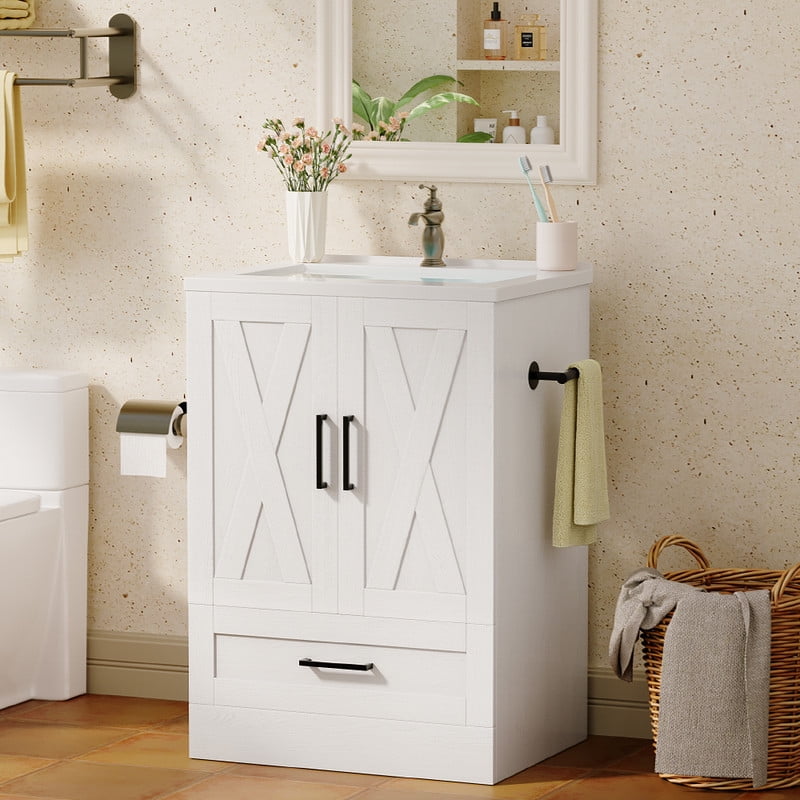 Vineego 24" Bathroom Vanity with Resin Sink, Freestanding Wood Vanity Cabinet with 2 Doors & 1 Drawer, Undermount Sink Storage Cabinet, White