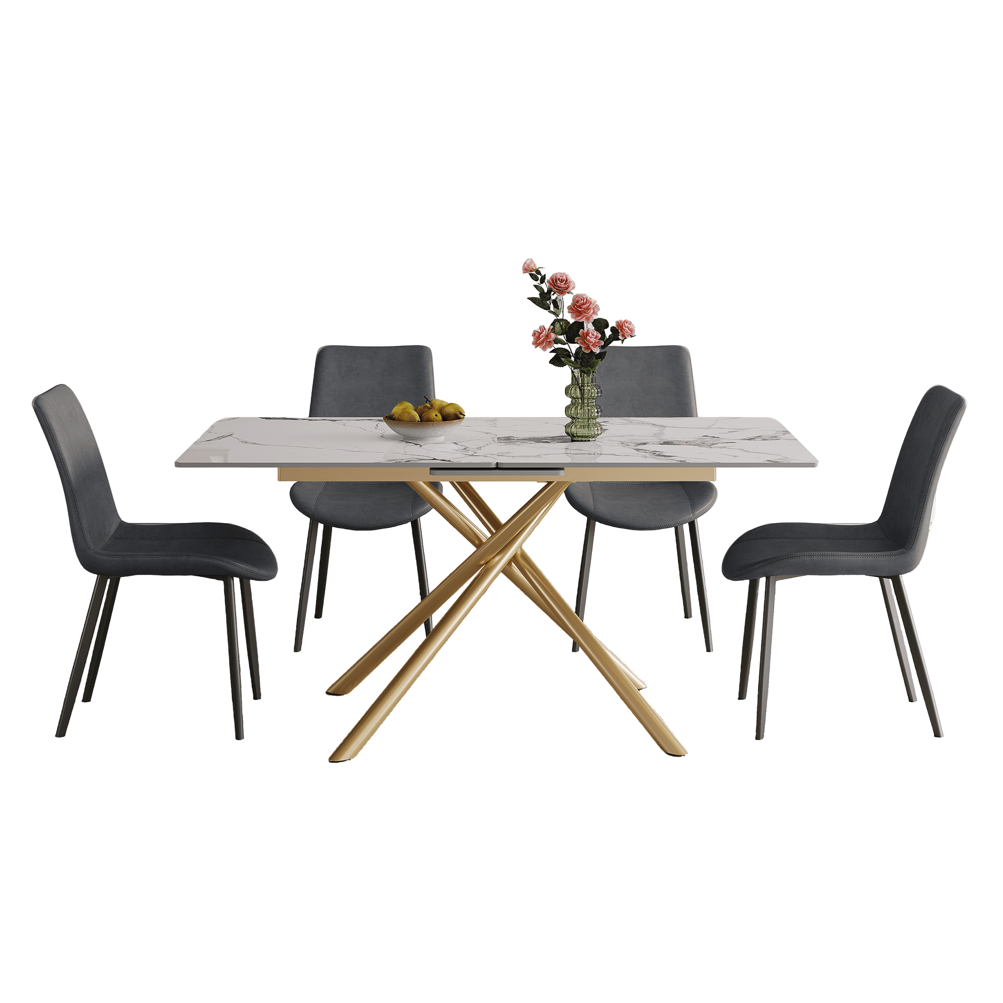 Montary 59-inch Modern Rectangle Expandable Dining Table with Retractable Leaf, Sintered Stone Top & Golden Carbon Steel X-Base, Dining Table Set with 4 Gray PU Chairs for Apartments, Kitchen