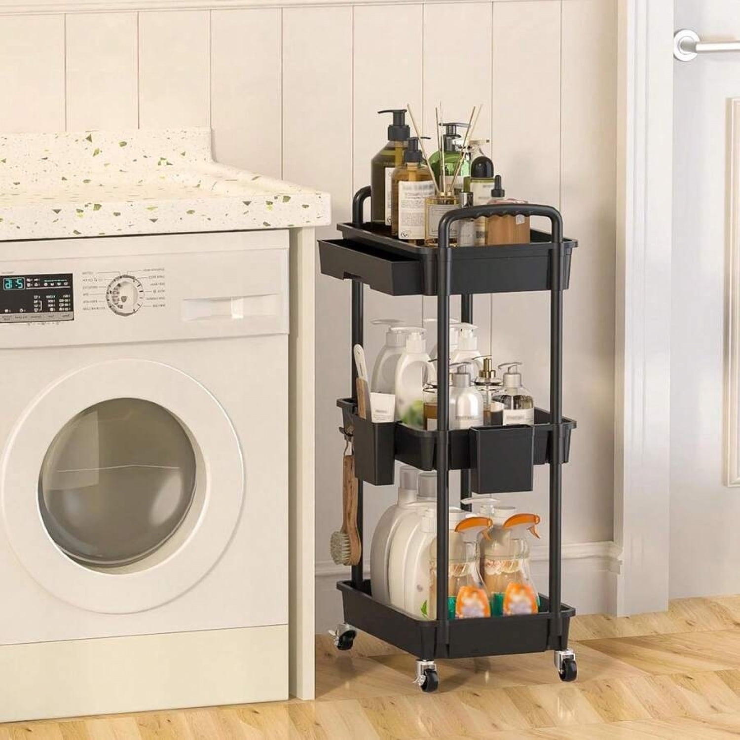 NTGFU 3 Tier Rolling Storage Cart with Drawers,Room Decor,Bathroom Decor,Rolling Utility Cart Rolling Storage Organizer Tool for Kitchen,Bathroom,Living Room,Office Outdoor Decor - Black