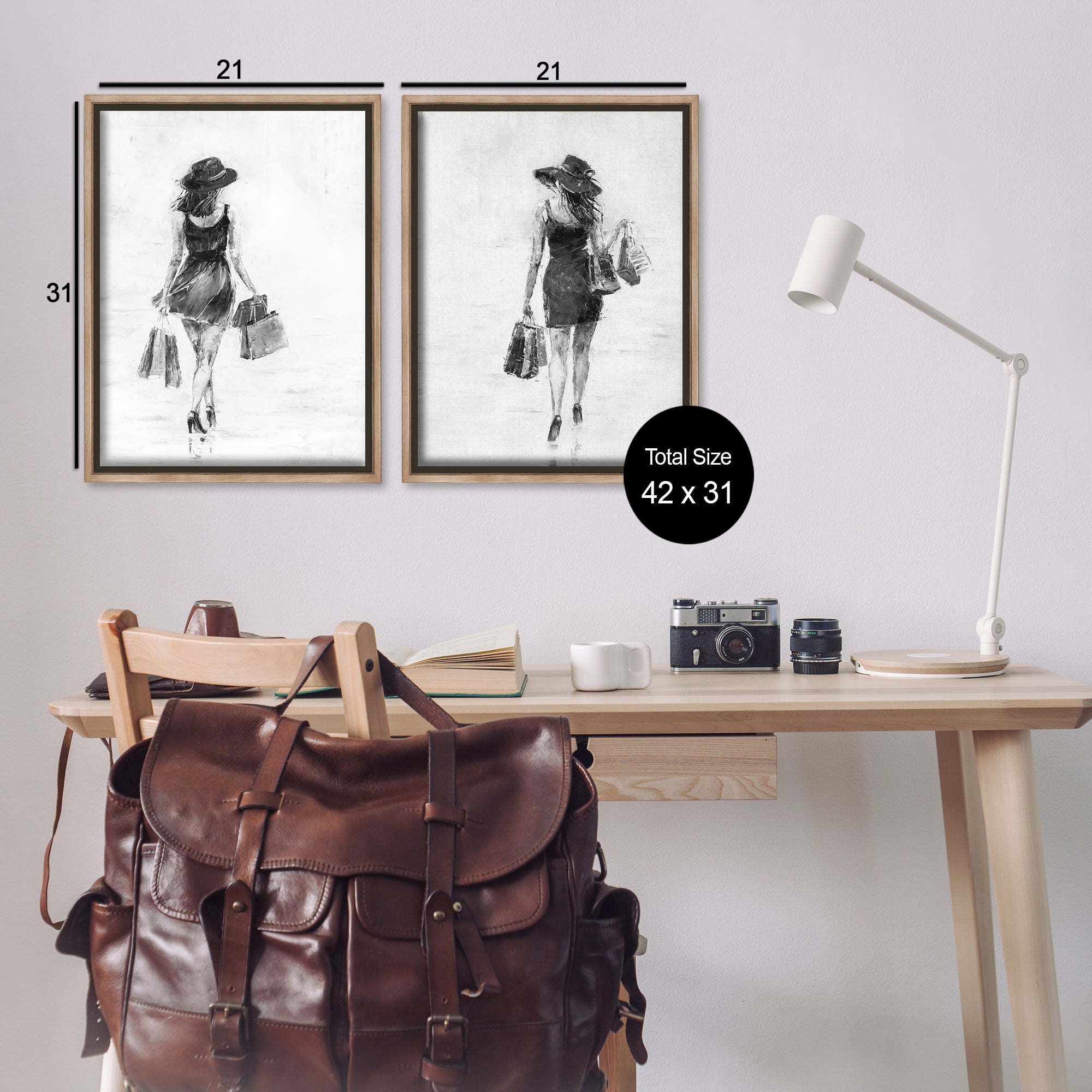 Stupell Industries Female Figures Shopping Bags People Painting Brown Floater Framed Canvas Art Print Wall Art, 21 x 31, Set of 2