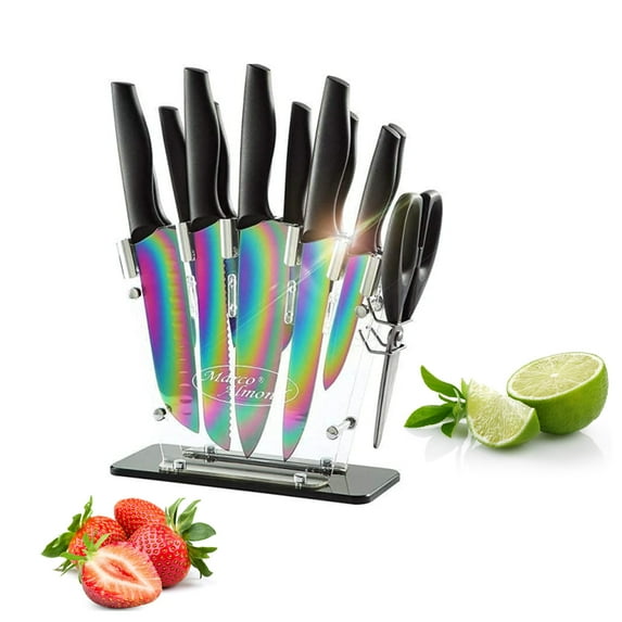 Marco Almond KYA35 14-Piece Super Sharp Cutlery Rainbow Knife Set with Acrylic Stand Dishwasher Safe Kitchen Knives Stainless Steel