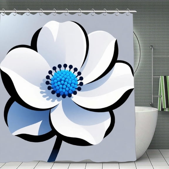 Navy Blue Daisy Flower Print Shower Curtain,Modern Fabric Waterproof Shower Curtain Set with Hooks 70.8×70.8Inch (180×180cm)