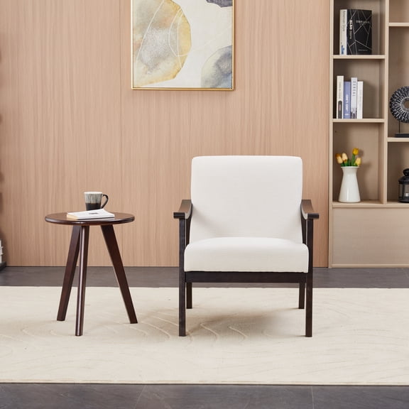 Medieval Modern Armchair, High Back Upholstered Chair with Solid Wood Legs, Ancient White Velvet Accent Chair for Living Room, Bedroom Reading Chair