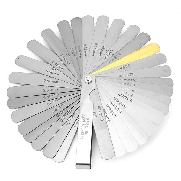 Calibrador de espesores de 32 hojas, métrico, de 0,04 a 0,88 mm de espesor, de acero inoxidable, herramienta para medir espacios