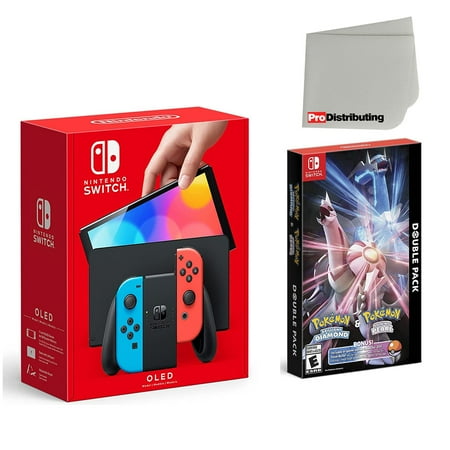 Nintendo Switch OLED Console Neon Red & Blue with Pokemon Brilliant Diamond & Shining Pearl and Screen Cleaning Cloth