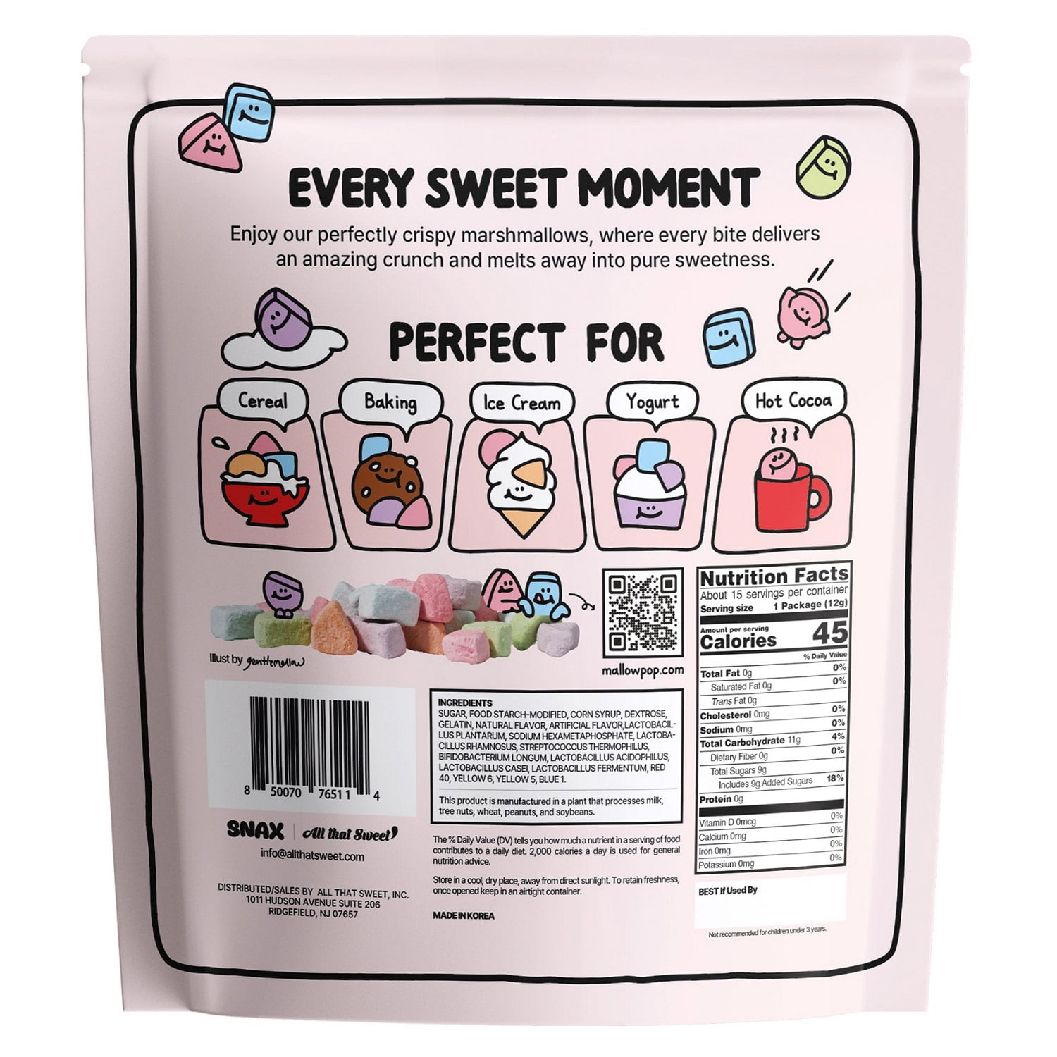 Mallow Pop Dehydrated Marshmallow with Probiotics, Rainbow Mini Marshmallows, 15 Individual Bags (6.34 oz)