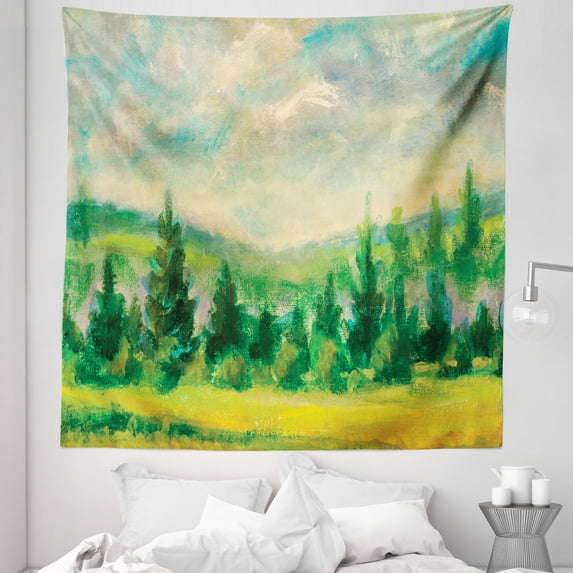 Impressionist Tapestry, Countryside Painting Print Trees Woodland Forest Summer Rural, Fabric Wall Hanging Decor for Bedroom Living Room Dorm, 5 Sizes, Green Mustard and Ecru, by Ambesonne