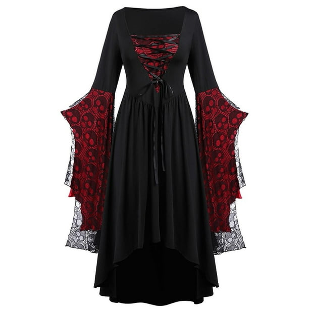 Womens Plus Size Goth Dress Printed Costumes Vintage Long Sleeve Dress Lace  Up Medieval Gown Maxi Dress 