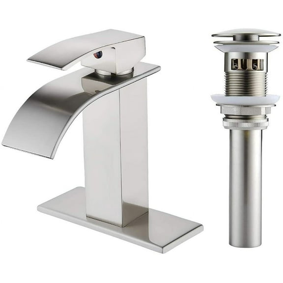 Zovajonia Bathroom Basin Faucet Single Handle Deck Mount Mixer Tap Waterfall w/Cover Drain Brushed Nickel