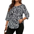 thumbnail image 3 of WellSize 3/4 Sleeve Plus Size Womens Blouses Casual Floral Pleats Tops Summer Crewneck Shirts Tunic Curved Hem Blouses, 3 of 7