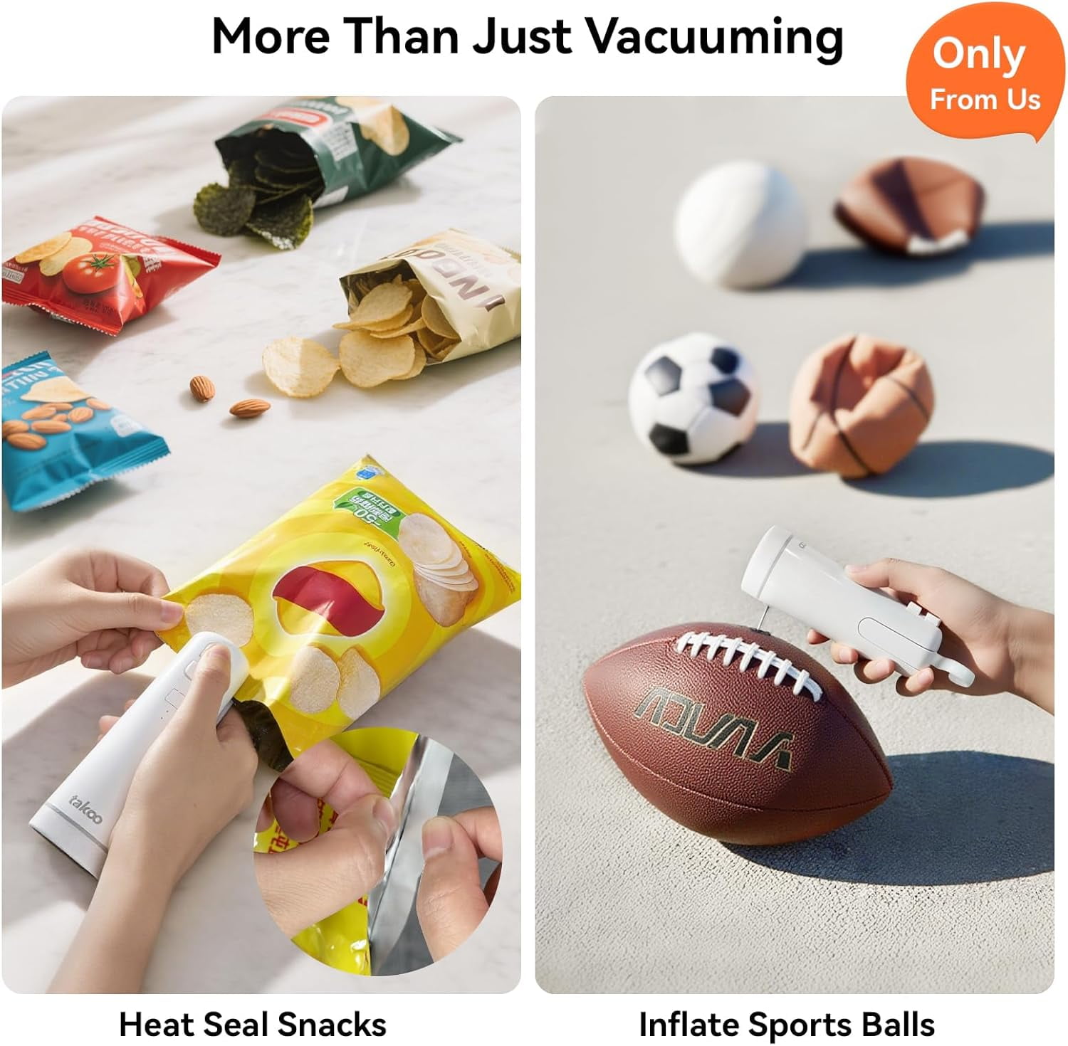 takoo 4-in-1 Portable Cordless Vacuum Sealer for Dry/Moist Food Storage with 4 Vacuum Bags, Heat Sealer for Chip Bags, Inflation Pump for Balls/Swim Ring