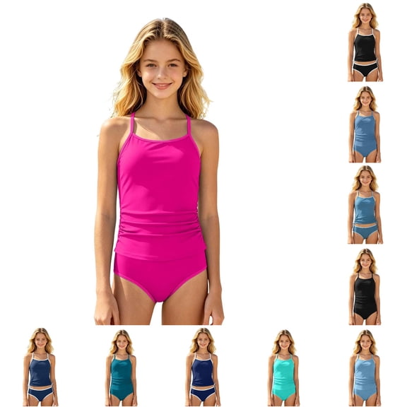 XINXIAOO Girls Spaghetti Strap Tankini Two Piece Swimsuit Side Drawstring Solid Quick Dry Bathing Suit Summer Swimwear for Kids Girls 15-16 Years