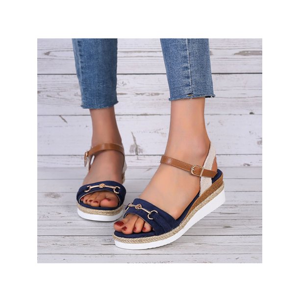 LUXUR Ladies Wedges Ankle Strap Roman Sandal Summer Wedge Sandals