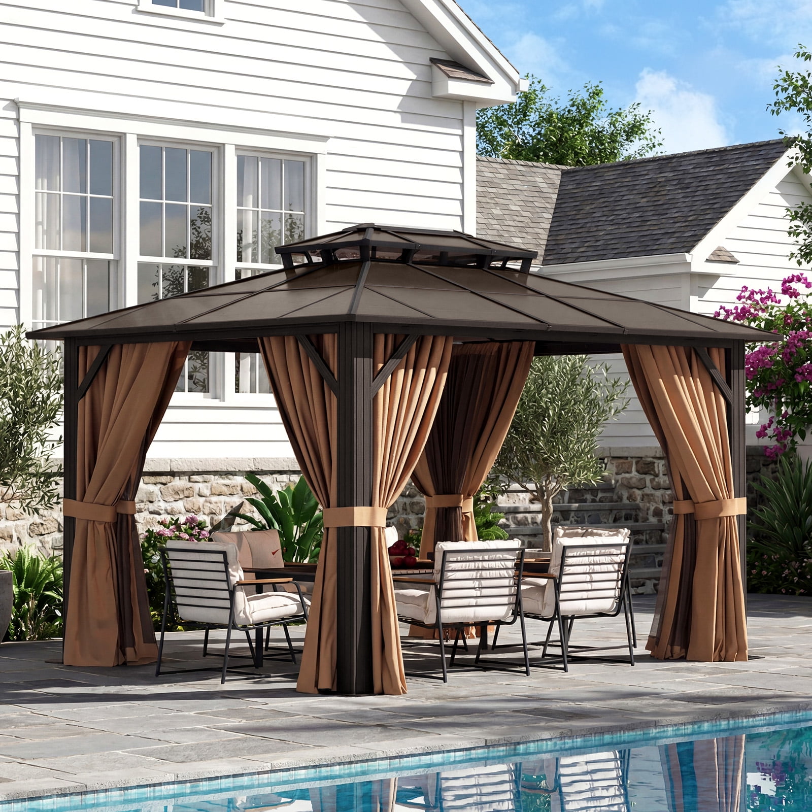 Dateyes 10'x12' Hardtop Gazebo - Polycarbonate Double Roof,Outdoor Permanent Pavilion with Curtains and Mosquito Netting for Patio, Backyard,Brown
