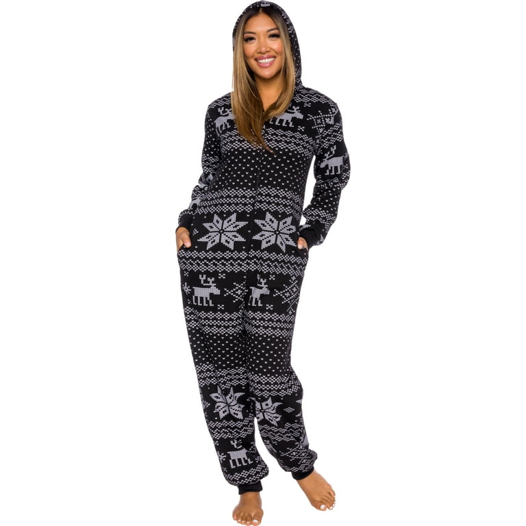 Womens Fair Isle Holiday Onesie Pajamas with Hood Warm Soft Comfy Holiday One Piece PJs by Silver Lilly Black Large Walmart