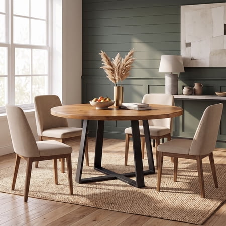 Fnova 47.24‑Inch Round Solid‑Wood Dining Table Heavy‑Duty Cross‑Shaped Metal Pedestal Base Rustic Farmhouse Dinner Table for Kitchen Dining‑Room Indoor Living Space