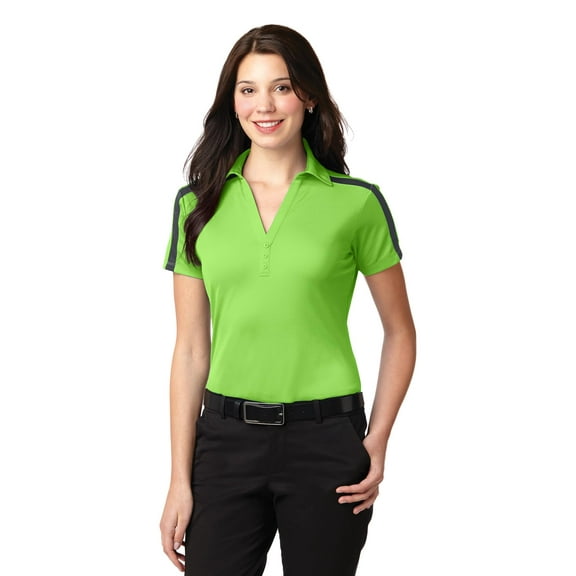 Port Authority Ladies Silk Touch Performance Colorblock Stripe Polo-M (Lime/ Steel Grey)