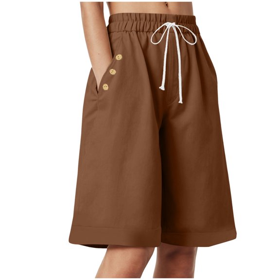 vigerkar Women Bermuda Shorts Knee Length High Waisted Shorts Summer Casual Capri Pants with Pockets (Brown, M)