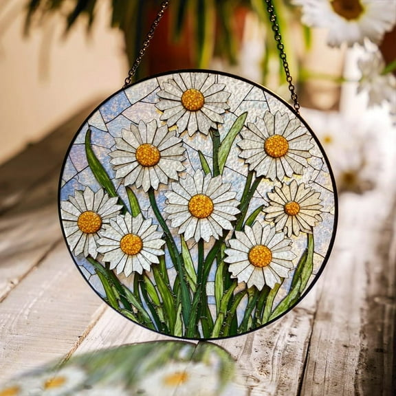 White daisy flower field stained glass suncatcher round window panel gift for garden lover mom