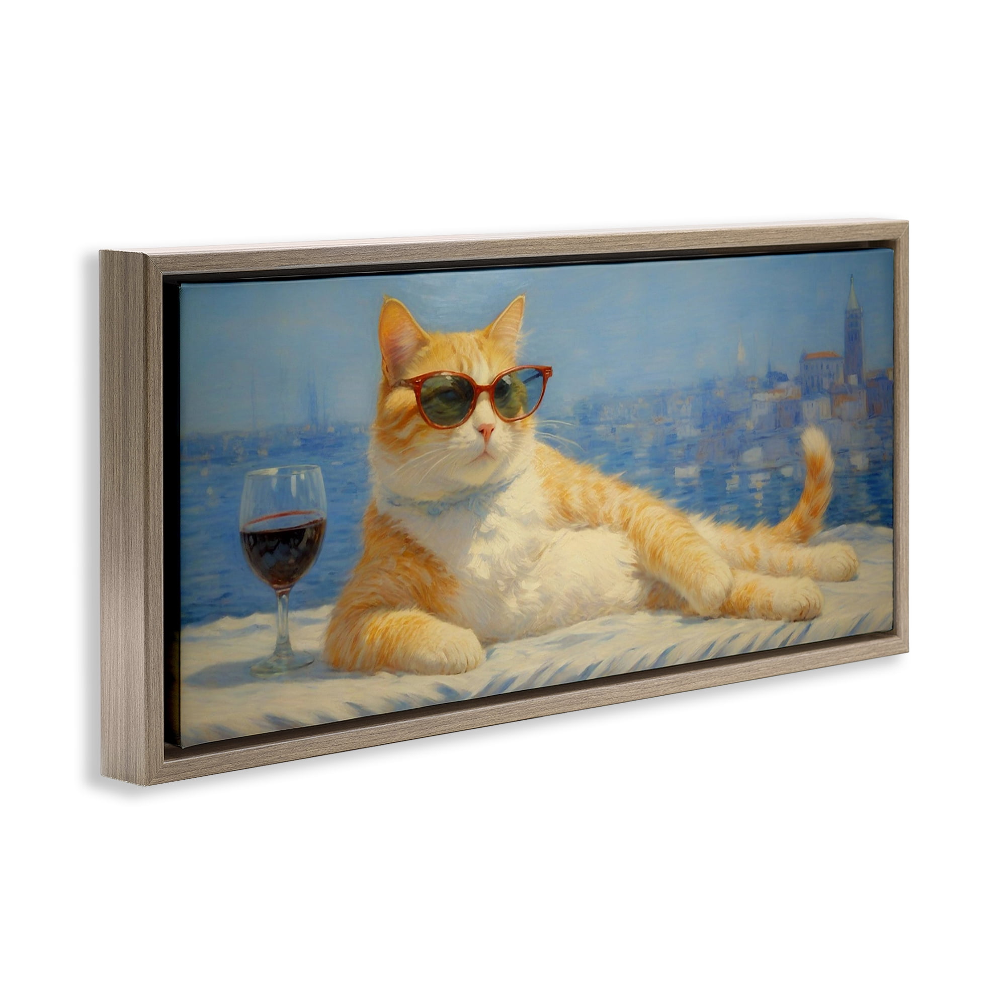 Stupell Industries Lounging Feline with Wine Glass Brown Framed Floater Canvas Wall Art, design by Angie Hawke