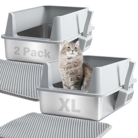 Nyutu Cat Litter Box with Lid 2 Pack,Stainless Steel,10" Sided,Large to XL Metal Cat Litter Box with Scoop and Mat,Litter Boxes for Big/Multi Cats, Anti-Urine Leakage, Easy Clean and No Smell