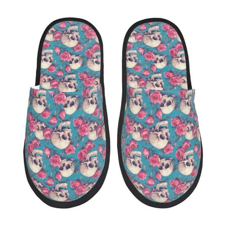 Balery happy Skull rose Slient Indoor Furry Fleece Comfort House Shoes Soft Non-Slip Home Shoes Cotton slippers House Slippers-- Medium