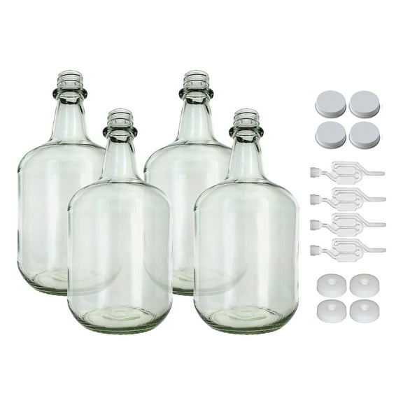 3L Jug Flint - White Cap with Hole, Econo Three-Piece Airlock, and White Metal Cap Pack of Four