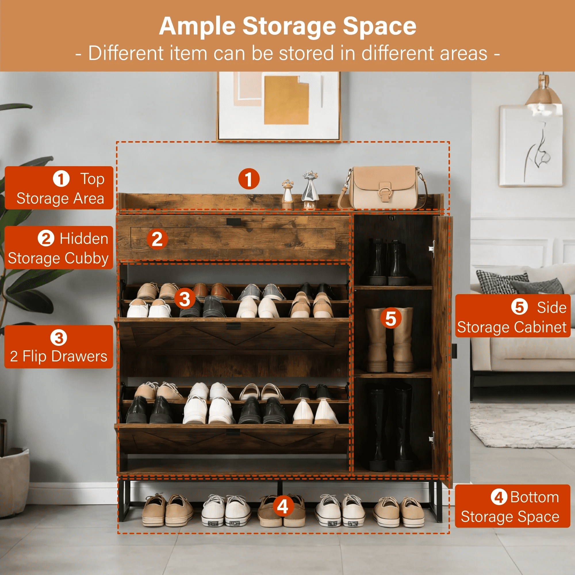 BSHTI Shoe Storage Cabinet with 2 Flip Drawers & Side Cabinet, High-Quality MDF in a Rustic Brown Finish, Adjustable & Versatile Storage, Easy Assembly
