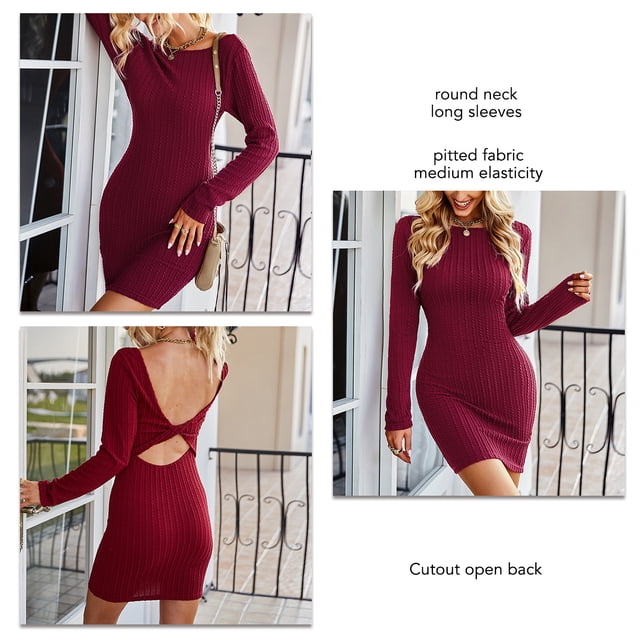 Vestido Ajustado De Punto, Elasticidad Media Vestido Ajustado De Manga Larga Recorte Espalda Abierta Exquisita Tela Picada Casual Para La Vida Diaria Para Fiestas Para Citas ANGGREK No