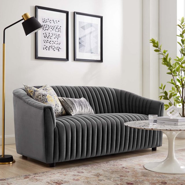 Modway Announce Performance Velvet Channel Tufted Loveseat in Charcoal