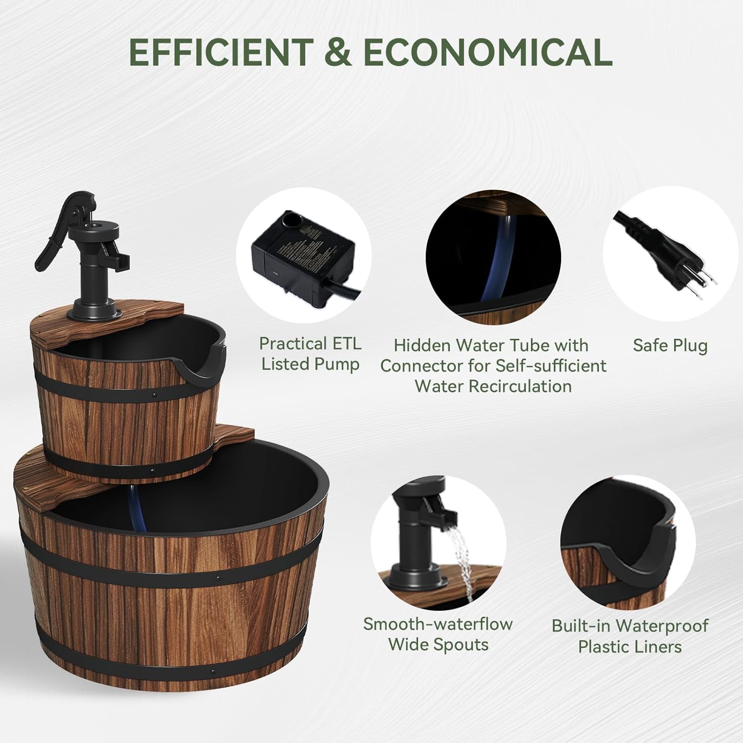 ZJTER 2-Tier Outdoor Water Fountain, Wood Barrel Cascading with Electric Decorative Hand Pump, Rustic Waterfall Fountain for Garden, Backyard, Patio, Porch, Yard