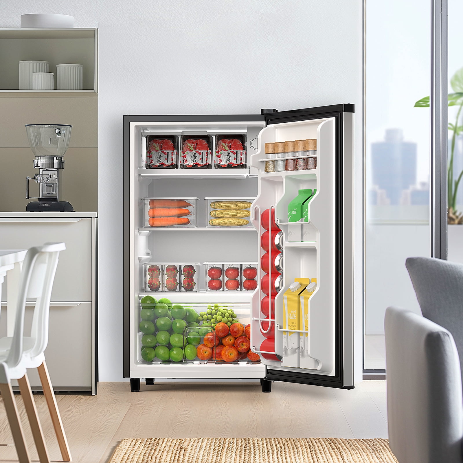 CONCETTA Mini Fridge With Freezer 3.2 Cu.Ft Single Door Adjustable Thermostat, Low Noise, For Bedroom, Office, Dorm, Silver