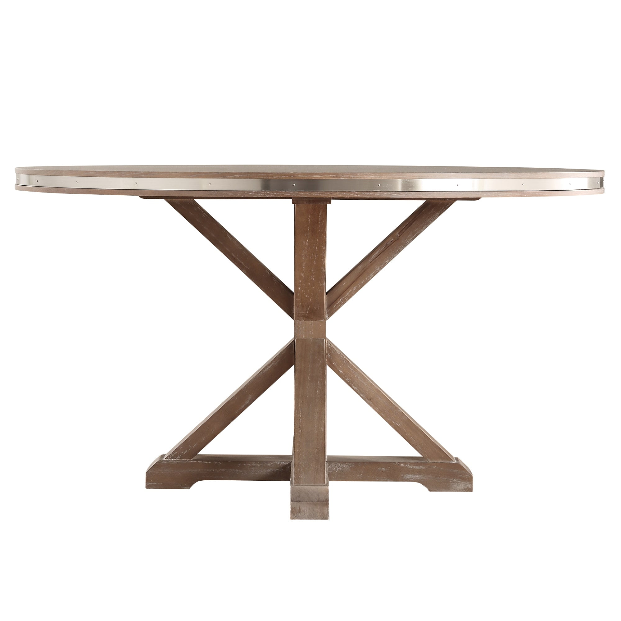 Inspire Q Abbott Rustic Round Stainless Steel Strap Oak Trestle Inspire Q Abbott Rustic Round Stainless Steel Strap Oak Trestle Dining Set By Artisan Com
