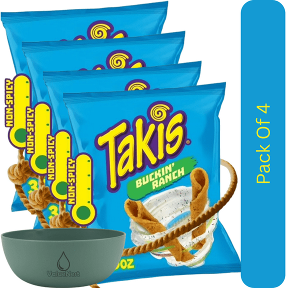 Takis Buckin' Ranch Bold Rolled Tortilla Chips, Crunchy Ranch Flavor, 3.25 oz Snack Size Bag With Olive Green Bowl By ValueNest