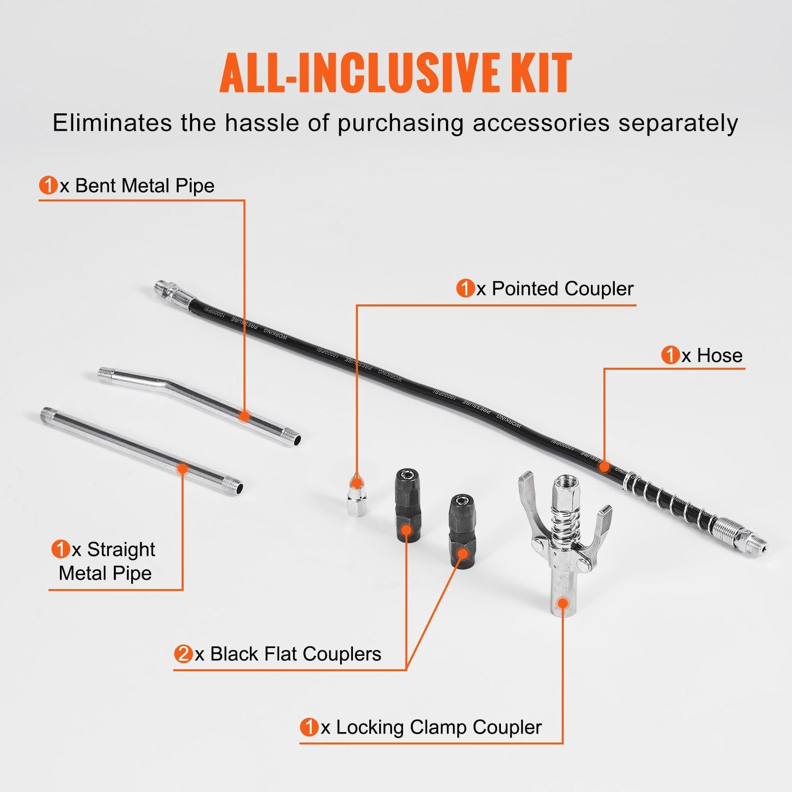 HCY Air Operated Grease Gun, 6000PSI, 14 OZ/400 CC Capacity Heavy Duty Pneumatic Grease Gun, with 18.5 Inch Flexible Hose, 1 Black Flat Coupler Pointed Coupler Bent Metal Pipe Locking Clamp Coupler