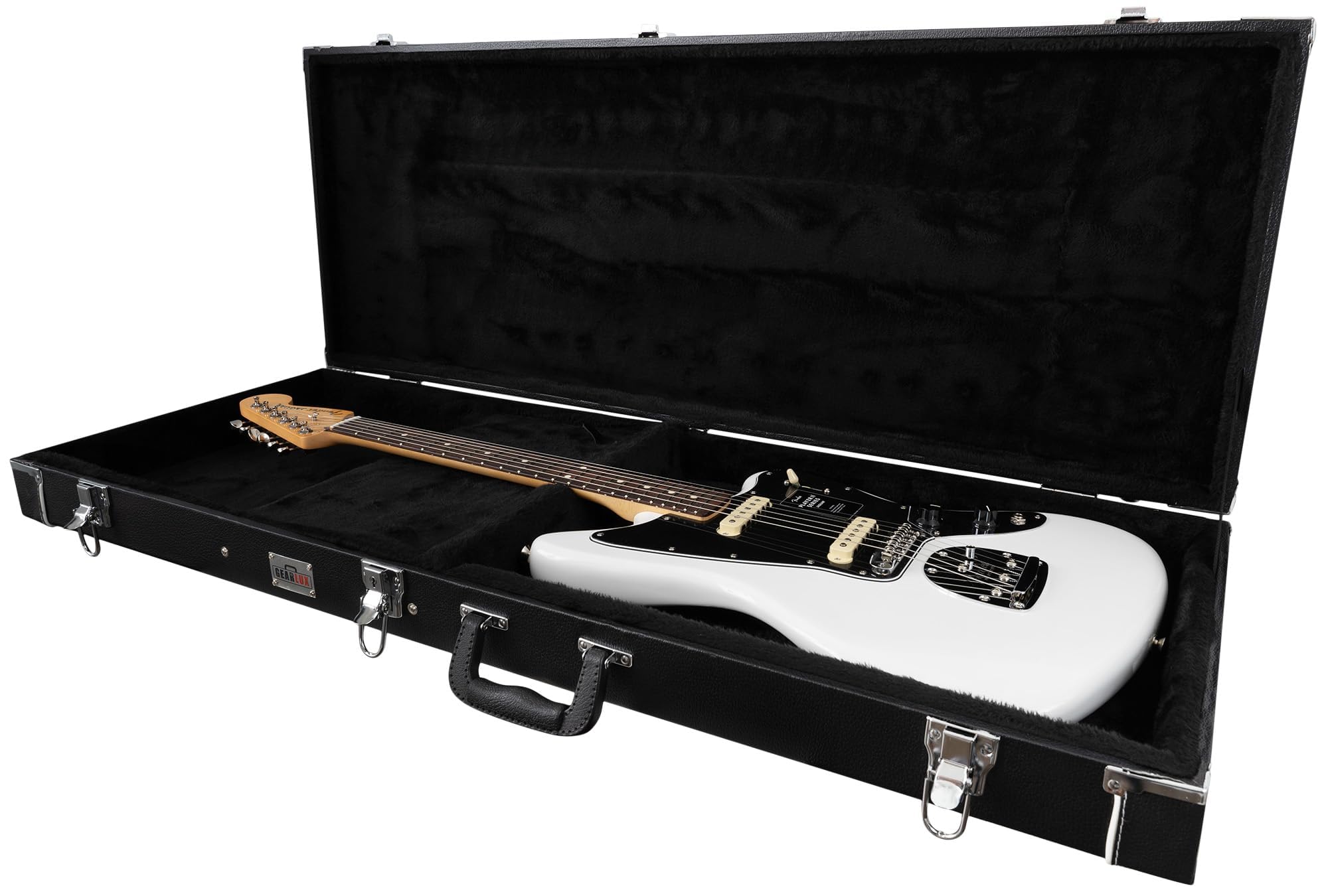 Gearlux Rectangular Wooden Electric Guitar Hard Case for Fender Jaguar/Jazzmaster and Offset Guitars with Exterior Lock and Key, Interior Accessory Compartment, and Plus Interior Padding - Black