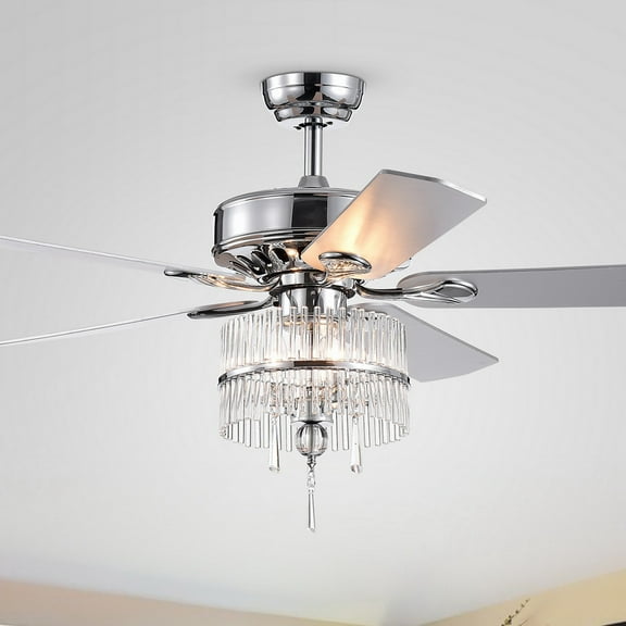 Warehouse of Tiffany Wyllow DeBase 52-Inch 5-Blade Chrome Lighted Ceiling Fans with Crystal Flutes Shade (Remote Controlled & 2 Color Option Blades)
