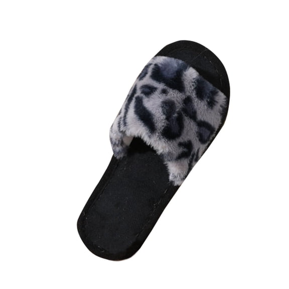 Xfvqtps Fuzzy Slippers for Womens Fluffy Slippers Leopard Print Open Toe Thick Bottom Non Slip Indoor Outdoor House Warm Winter Cozy Slippers Gray