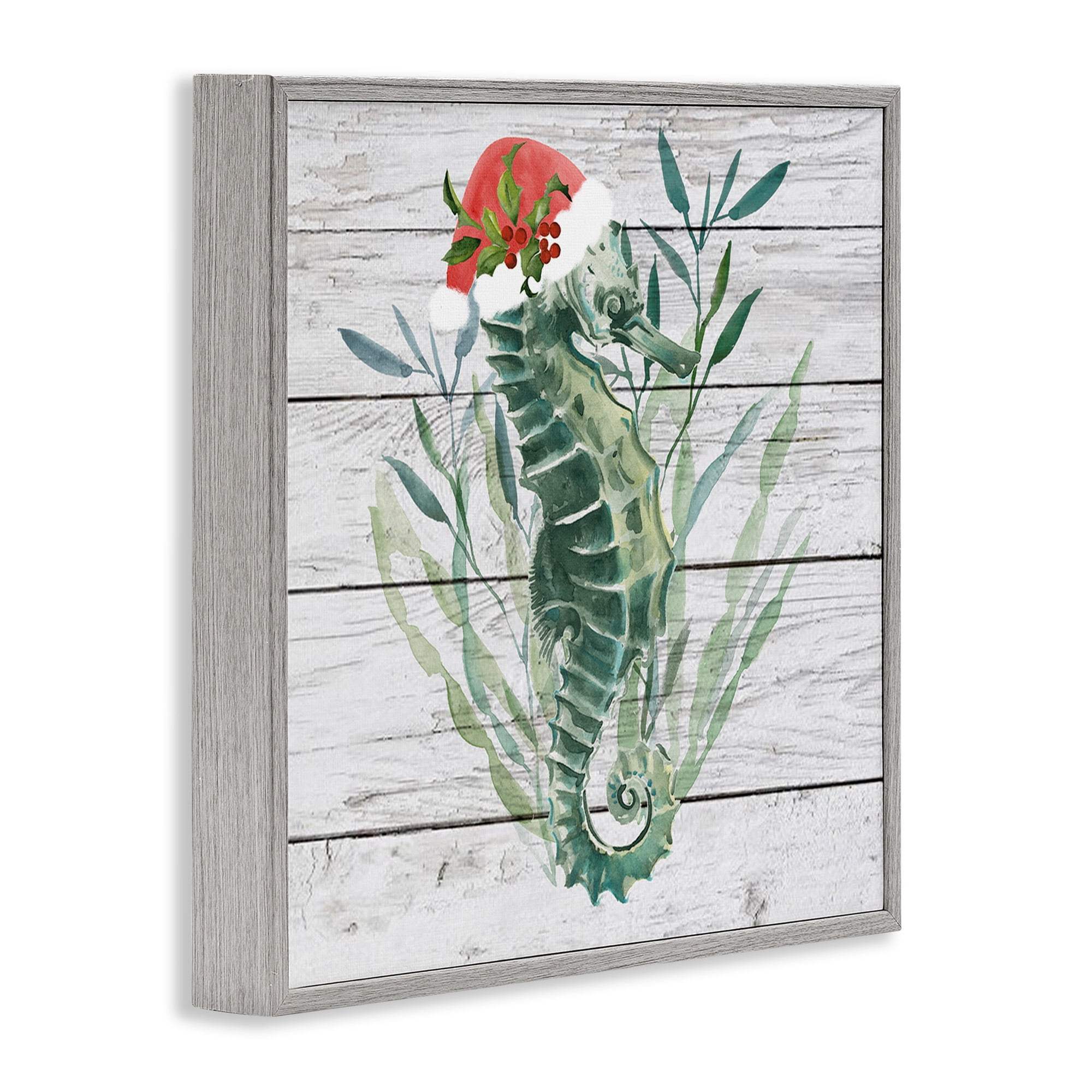 Stupell Industries Christmas Seahorse with Santa Hat Nature Painting Gray Framed Art Print Wall Art, 12 x 12