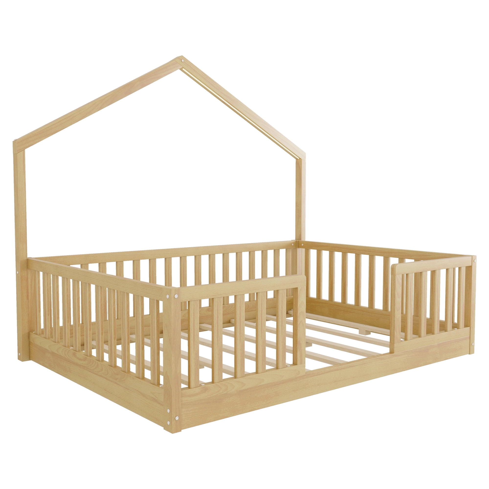 Euroco Wood Full Size Floor Bed with LED Light, Natural