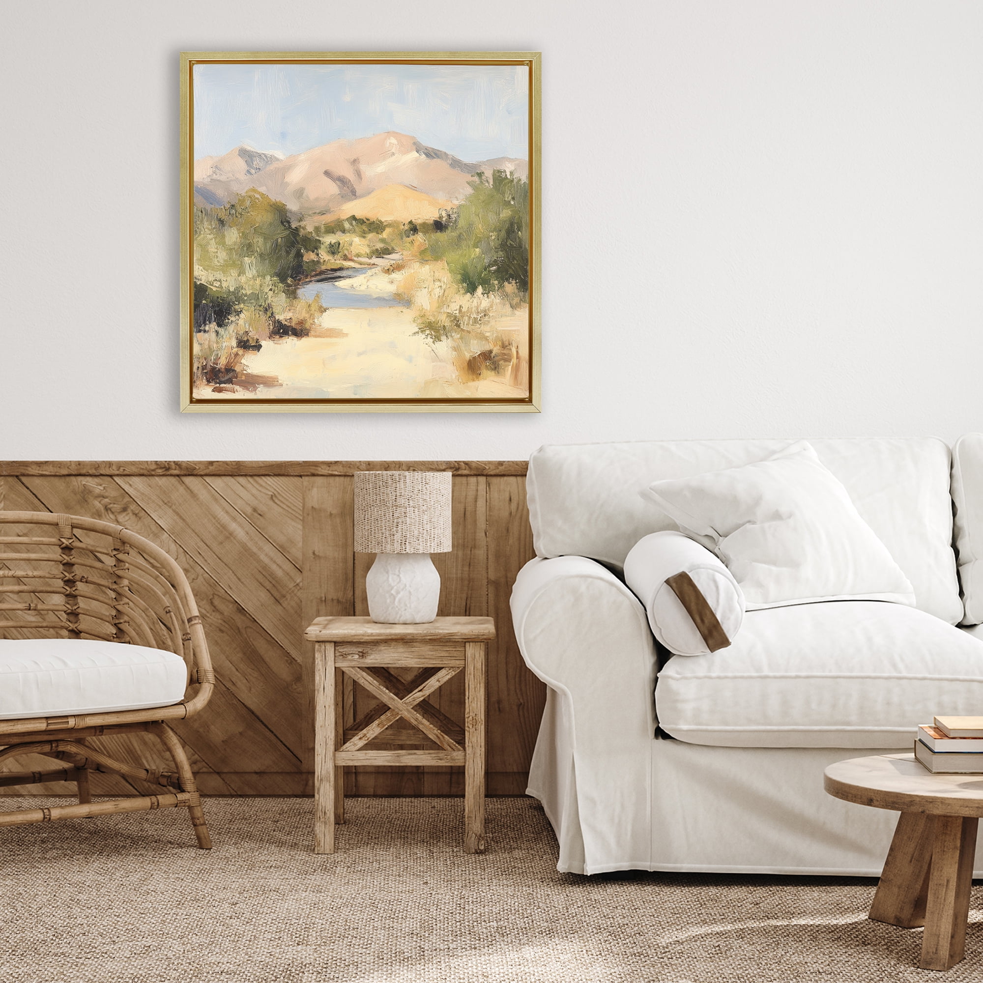 Stupell Industries Beige Desert Mountain Stream Gold Framed Floater Canvas Wall Art, design by Petal Prints Design