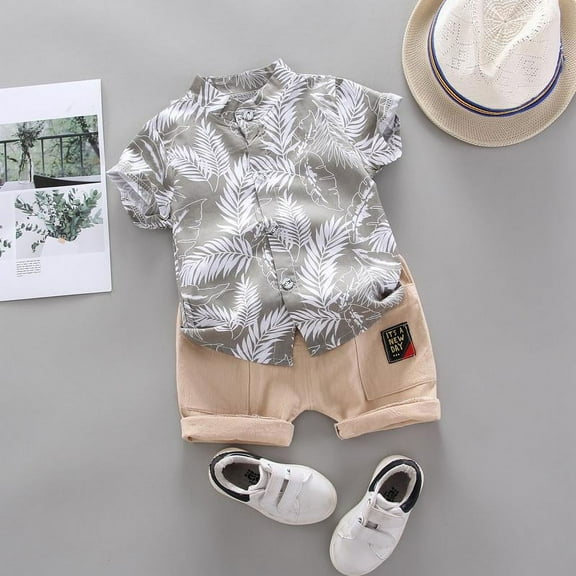 2 Pieces Feather Pattern T-shirt & Shorts for Toddler Boy Set Gray - 12-18 Months